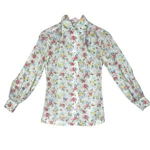 Vintage Butterfly Bee Flowers Print Collared Blouse, Lord & Taylor, 80s Sz S/M